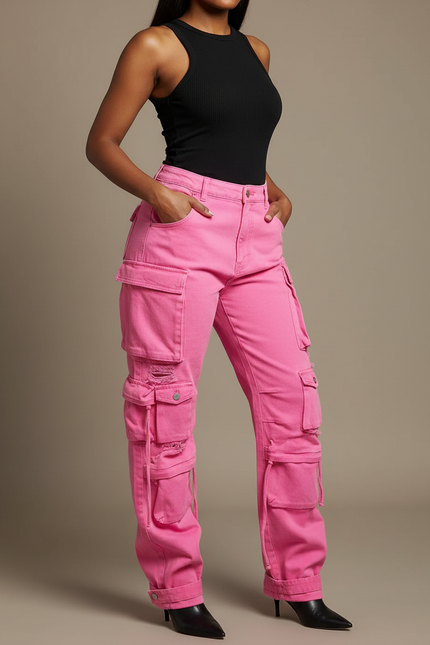 Pantalon Cargo Rose Taille Haute Denim Femme - Jean