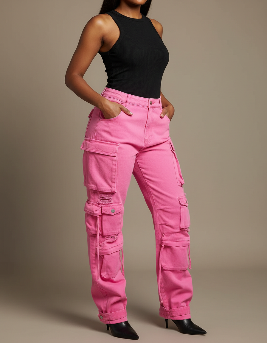 Pantalon Cargo Rose Taille Haute Denim Femme - Jean