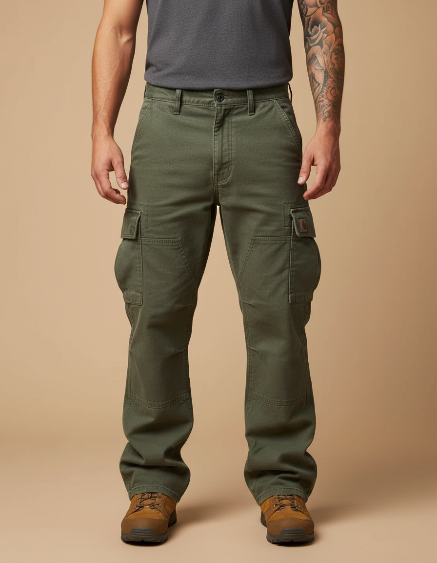 Pantalon Cargo Vert Militaire Ample Multipoches Coton - Kaki