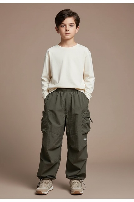 Pantalon Cargo Garçon Vert Olive Parachute - Kaki Polyester