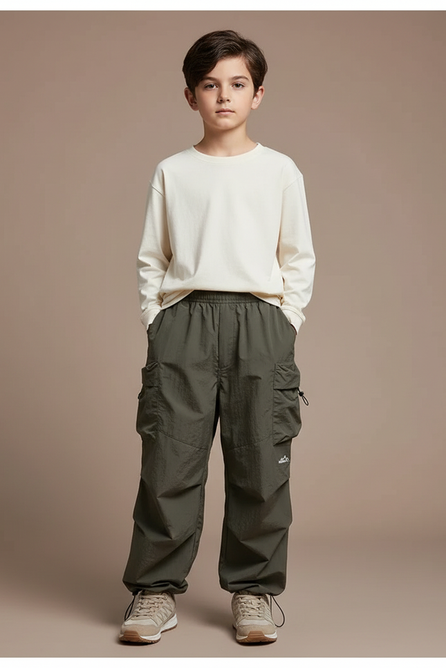 Pantalon Cargo Garçon Vert Olive Parachute - Kaki Polyester