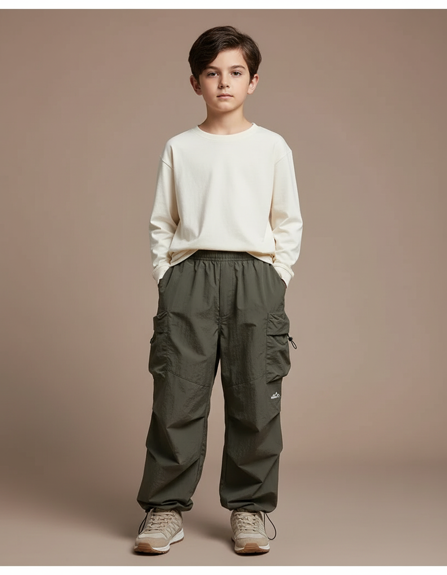 Pantalon Cargo Garçon Vert Olive Parachute - Kaki Polyester