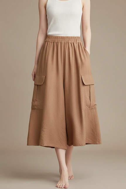 Pantalon Cargo Marron Lin Ample Femme Culotte