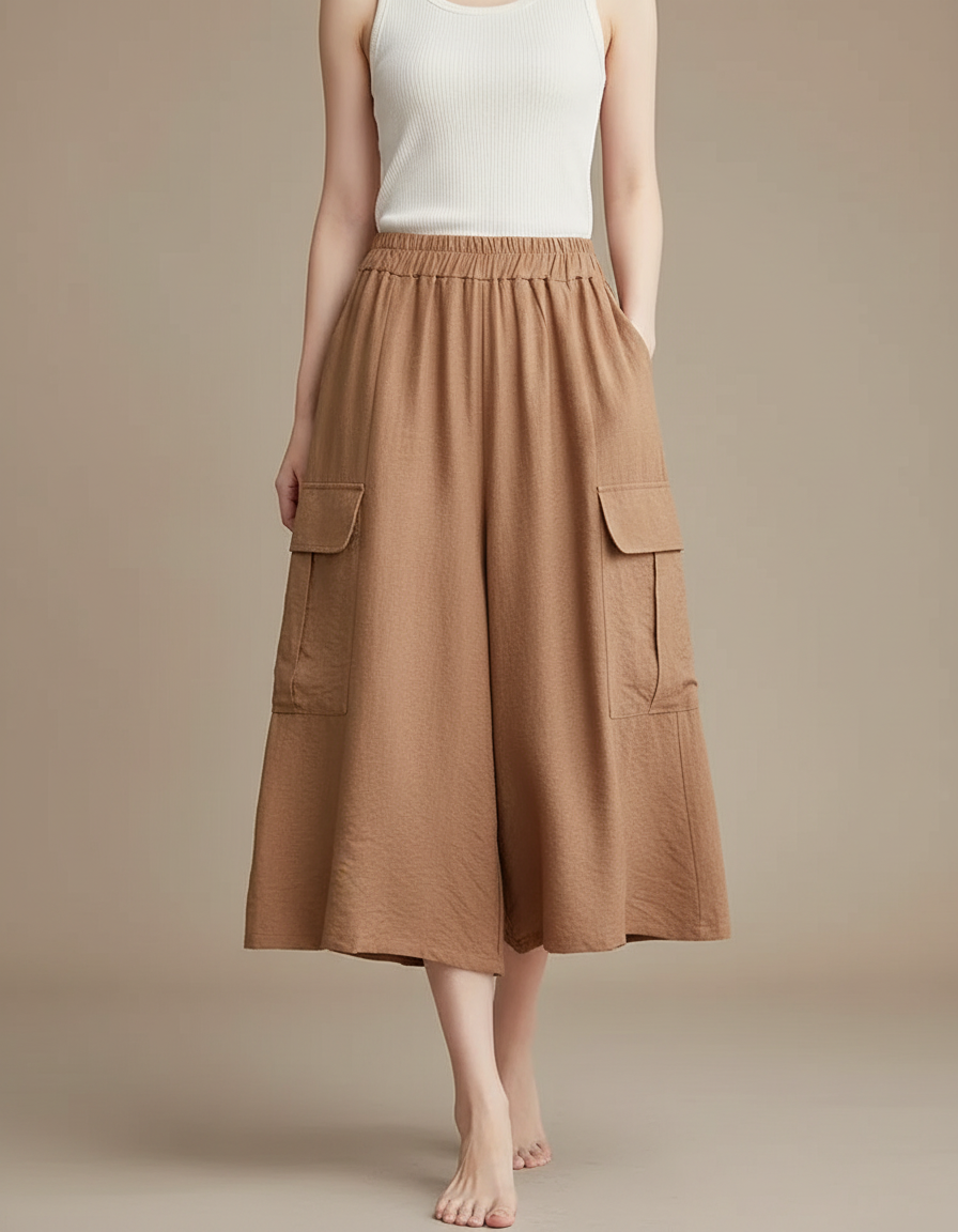 Pantalon Cargo Marron Lin Ample Femme Culotte