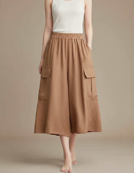 Pantalon Cargo Marron Lin Ample Femme Culotte