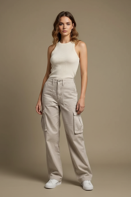 Pantalon Cargo Beige Droit Multipoches Décontracté Femme - Toile