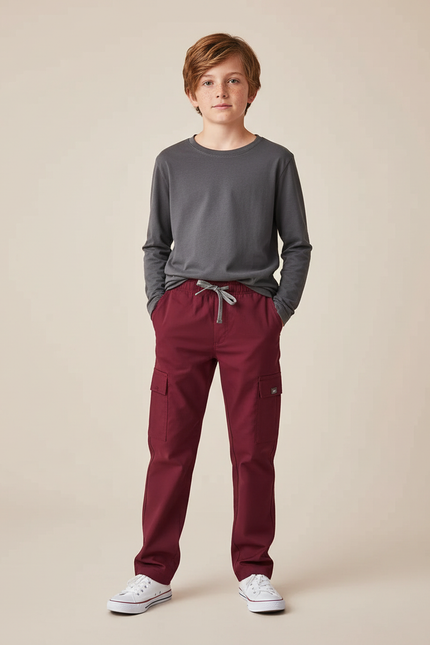 Pantalon Cargo Bordeaux Droit Cordon Enfant - Gabardine