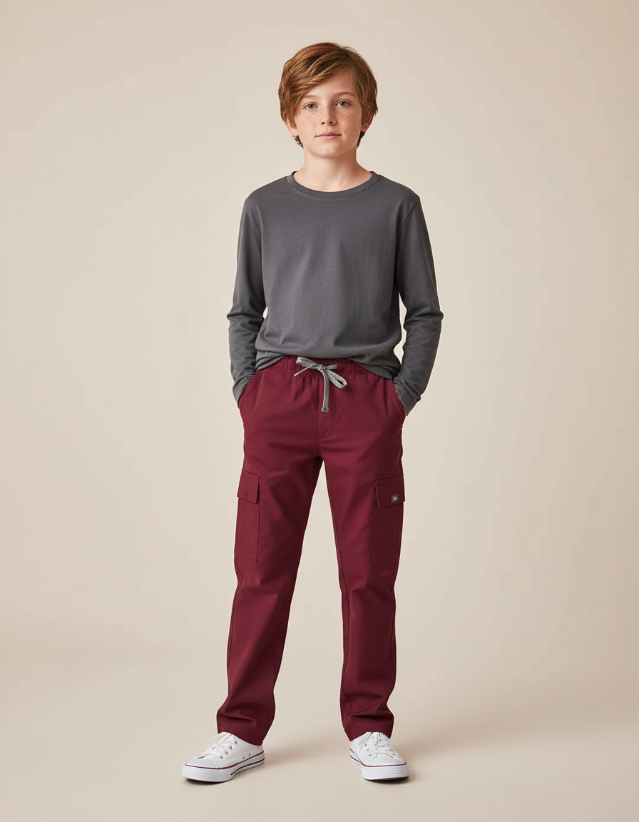 Pantalon Cargo Bordeaux Droit Cordon Enfant - Gabardine