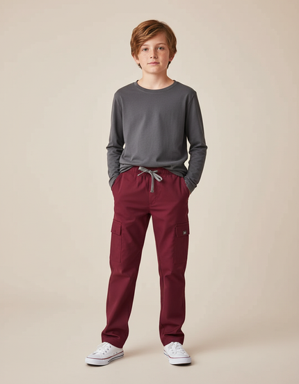 Pantalon Cargo Bordeaux Droit Cordon Enfant - Gabardine