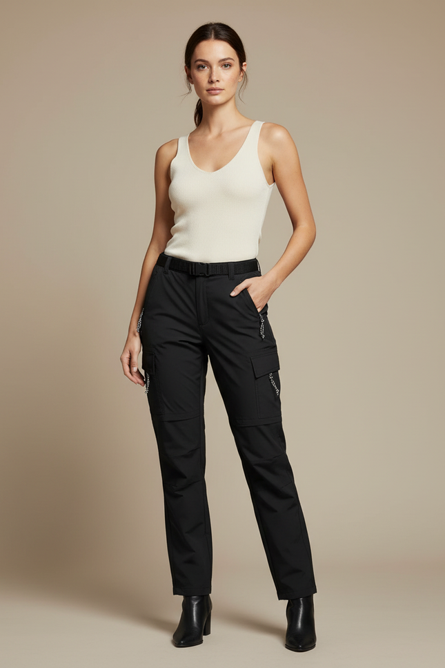 Pantalon Cargo Noir Convertible Femme Léger Élastique - Polyester