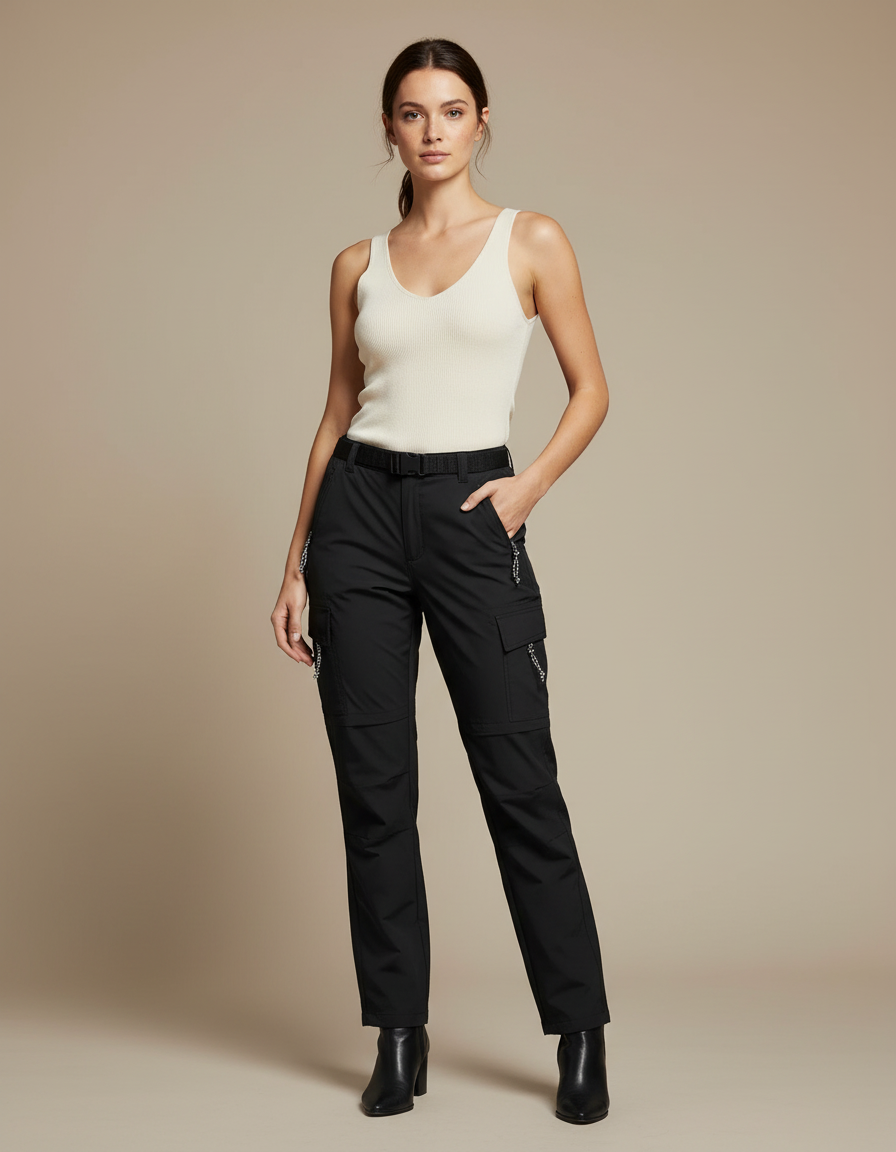 Pantalon Cargo Noir Convertible Femme Léger Élastique - Polyester