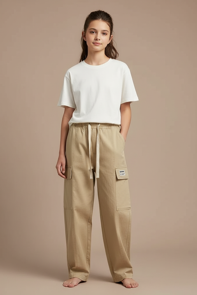 Pantalon Cargo Beige Ample Coton Multipoches Décontracté Enfant - Toile