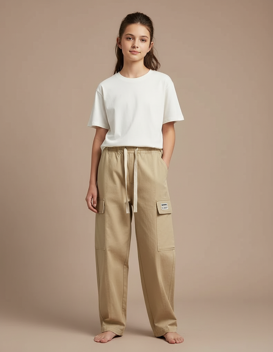 Pantalon Cargo Beige Ample Coton Multipoches Décontracté Enfant - Toile