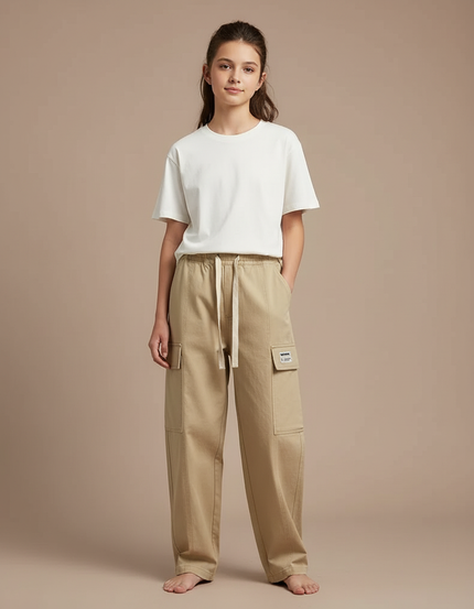 Pantalon Cargo Beige Ample Coton Multipoches Décontracté Enfant - Toile