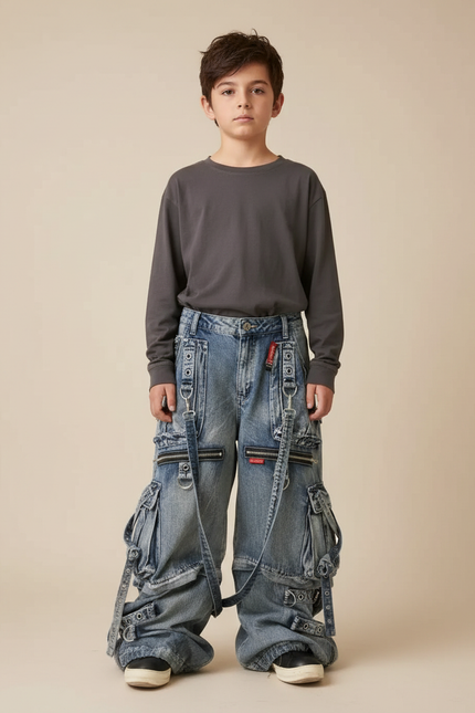 Pantalon Cargo Ample Denim Poches Zippées Enfant - Bleu Jean