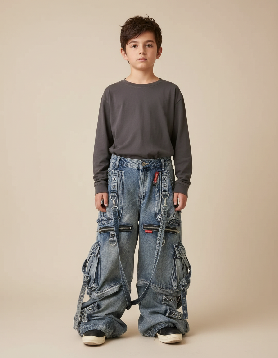 Pantalon Cargo Ample Denim Poches Zippées Enfant - Bleu Jean