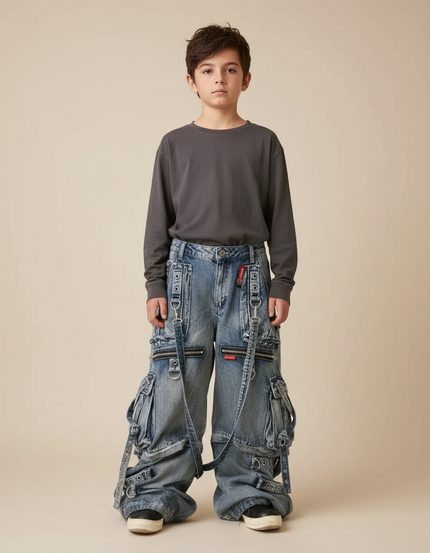 Pantalon Cargo Ample Denim Poches Zippées Enfant - Bleu Jean