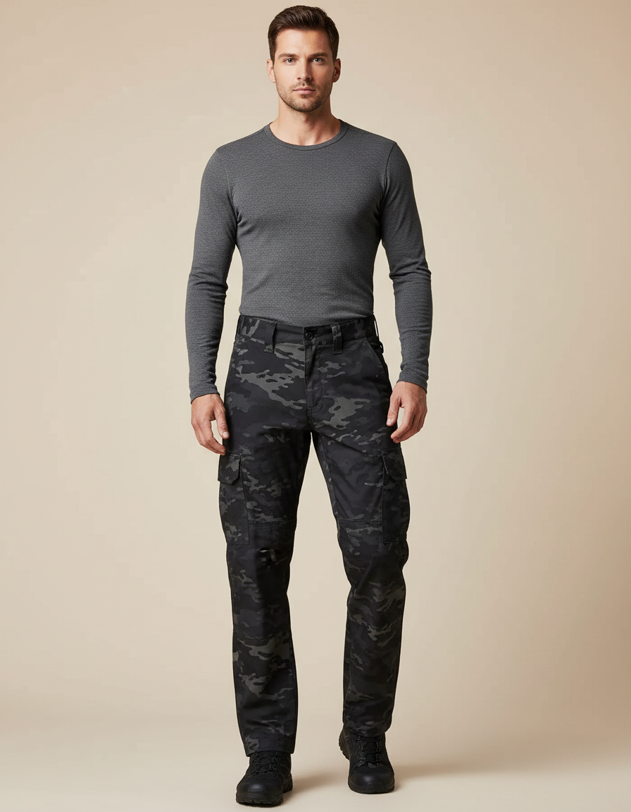 Pantalon Cargo Camouflage Militaire Noir Homme Tactique Multipoches - Toile