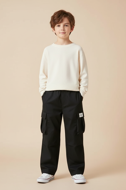 Pantalon Cargo Garçon Noir Baggy Toile