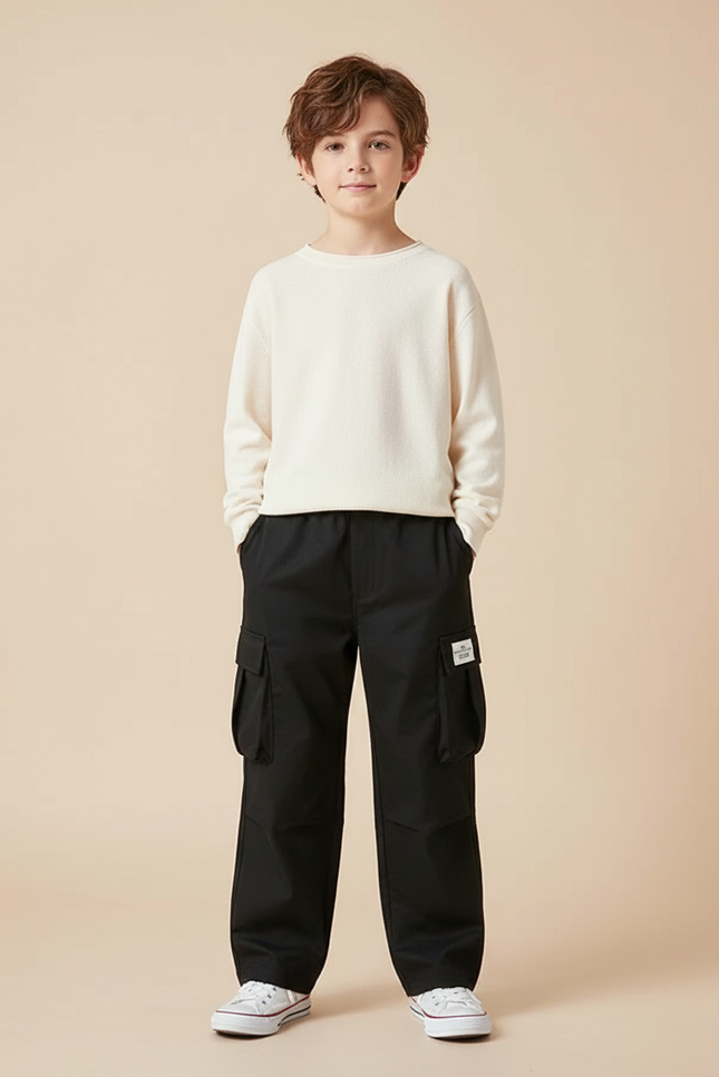 Pantalon Cargo Garçon Noir Baggy Toile