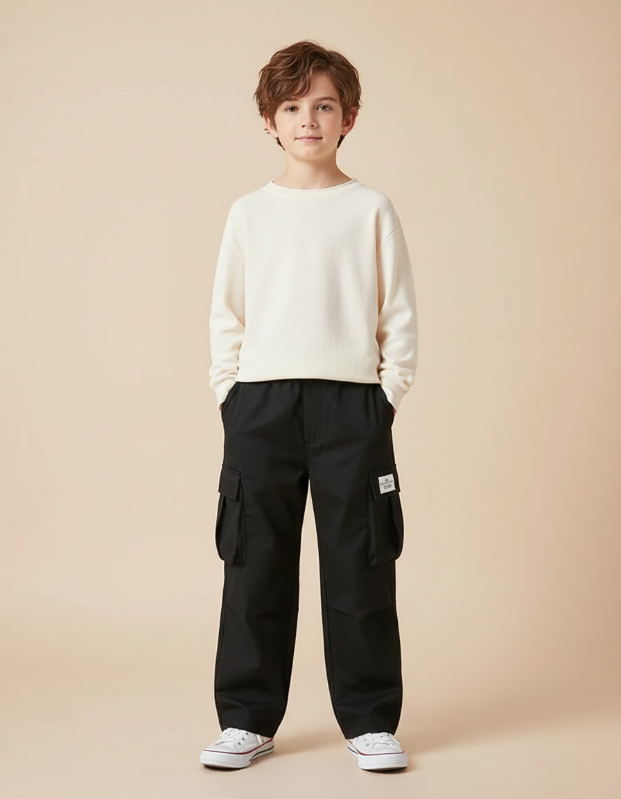 Pantalon Cargo Garçon Noir Baggy Toile
