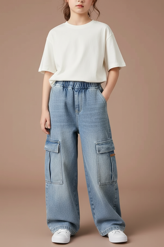 Pantalon Cargo Jean Ample Bleu Multipoches Enfant