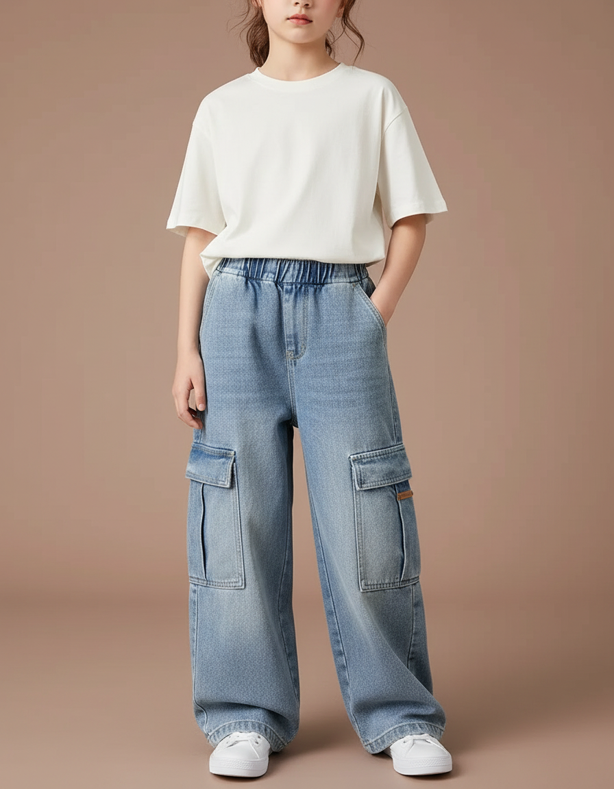 Pantalon Cargo Jean Ample Bleu Multipoches Enfant