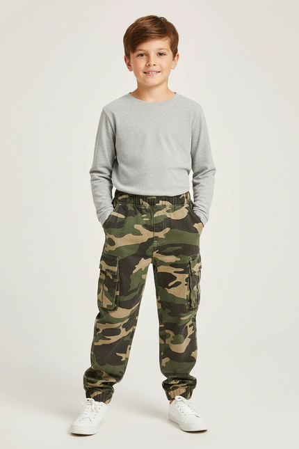 Pantalon Cargo Camouflage Ample Garçon Coton - Kaki