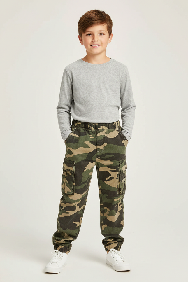 Pantalon Cargo Camouflage Ample Garçon Coton - Kaki