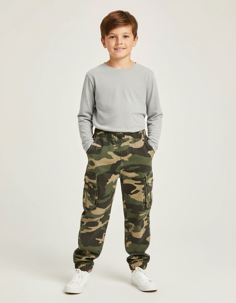 Pantalon Cargo Camouflage Ample Garçon Coton - Kaki
