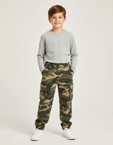 Pantalon Cargo Camouflage Ample Garçon Coton - Kaki