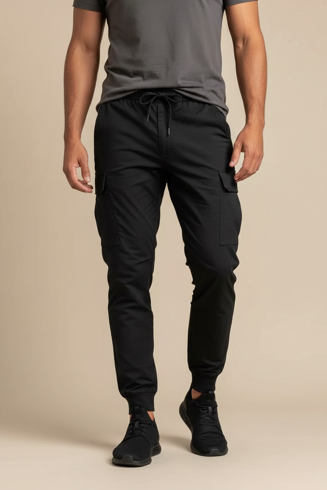 Pantalon Cargo Noir Cordon Ample Homme - Polyester