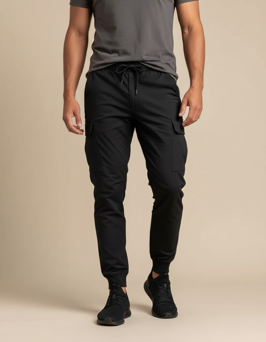 Pantalon Cargo Noir Cordon Ample Homme - Polyester