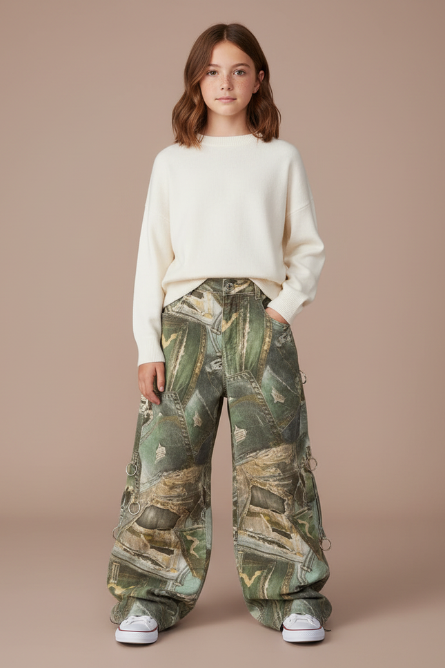Pantalon Cargo Camouflage Ample Vert Imprimé Fille - Toile