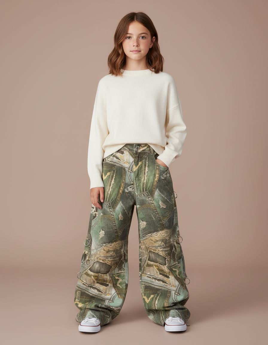 Pantalon Cargo Camouflage Ample Vert Imprimé Fille - Toile