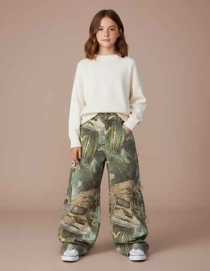 Pantalon Cargo Camouflage Ample Vert Imprimé Fille - Toile