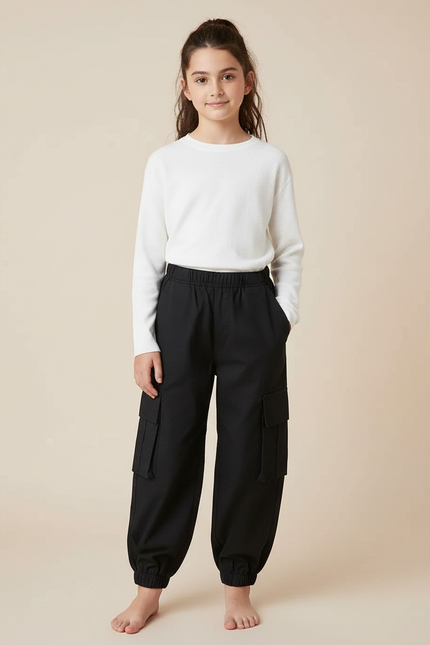 Pantalon Cargo Noir Ample Enfant Poches Latérales - Toile