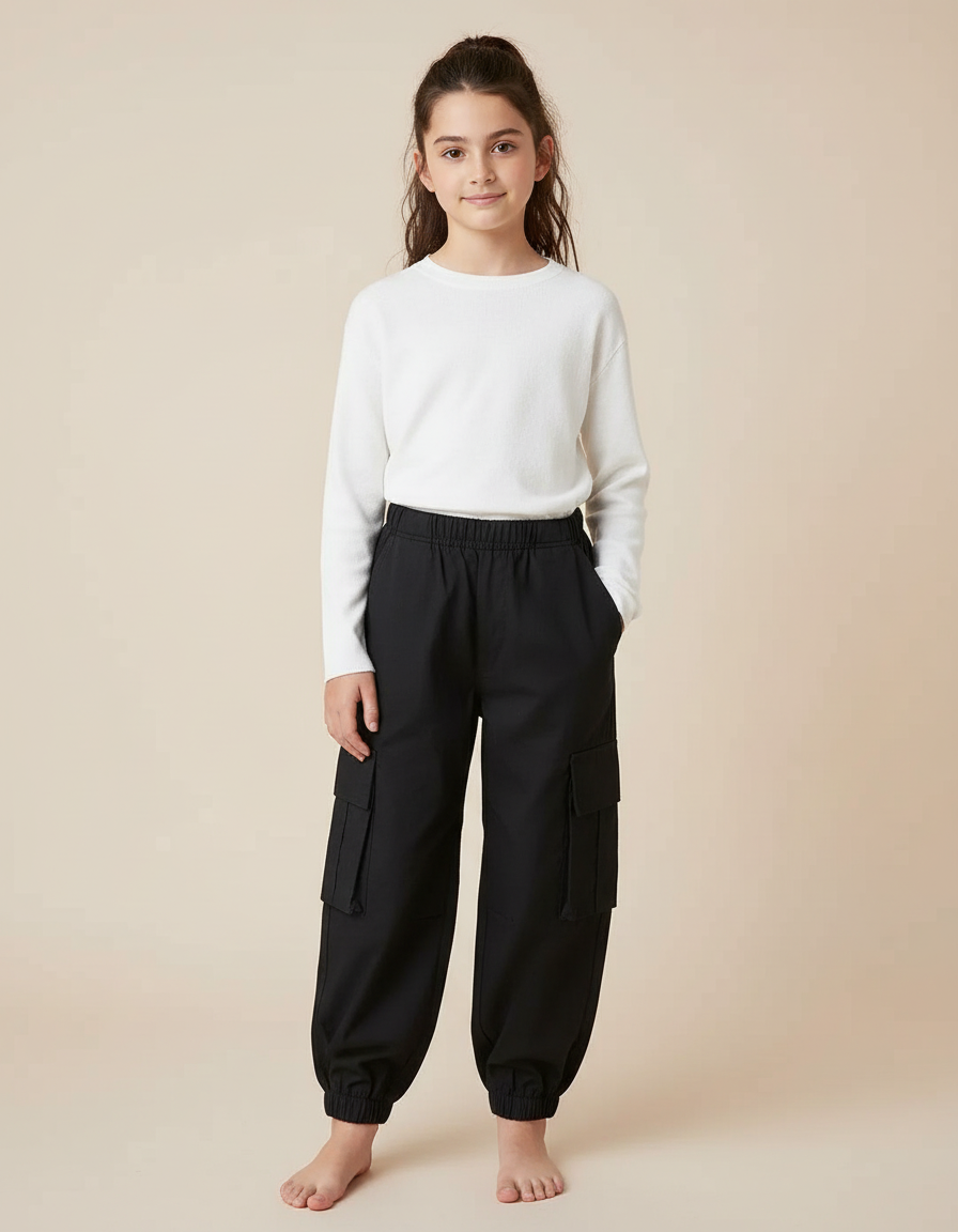 Pantalon Cargo Noir Ample Enfant Poches Latérales - Toile
