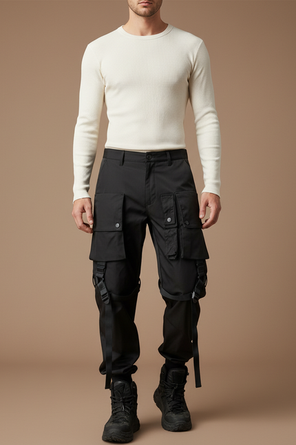 Pantalon Cargo Noir Tactique Multipoches Homme Streetwear - Polyester