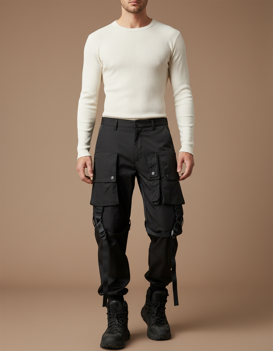 Pantalon Cargo Noir Tactique Multipoches Homme Streetwear - Polyester