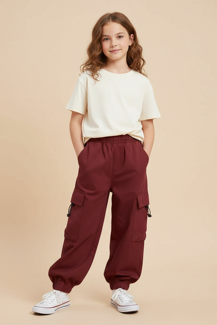Pantalon Cargo Bordeaux Ample Streetwear Décontracté Fille - Coton