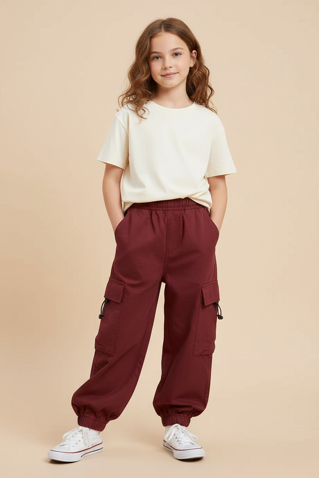 Pantalon Cargo Bordeaux Ample Streetwear Décontracté Fille - Coton