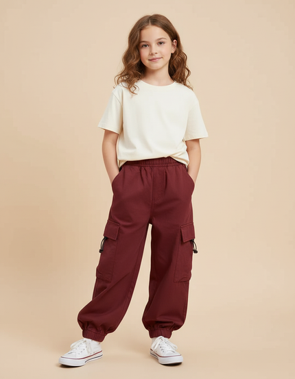 Pantalon Cargo Bordeaux Ample Streetwear Décontracté Fille - Coton