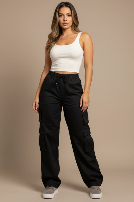 Pantalon Cargo Noir Ample Multipoches Streetwear Femme - Toile