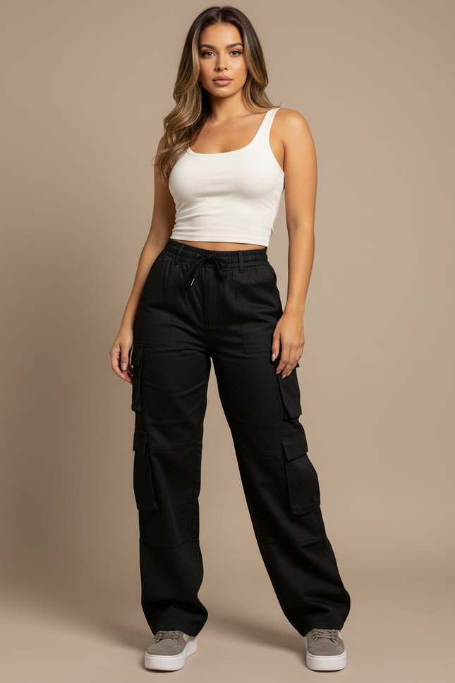 Pantalon Cargo Noir Ample Multipoches Streetwear Femme - Toile