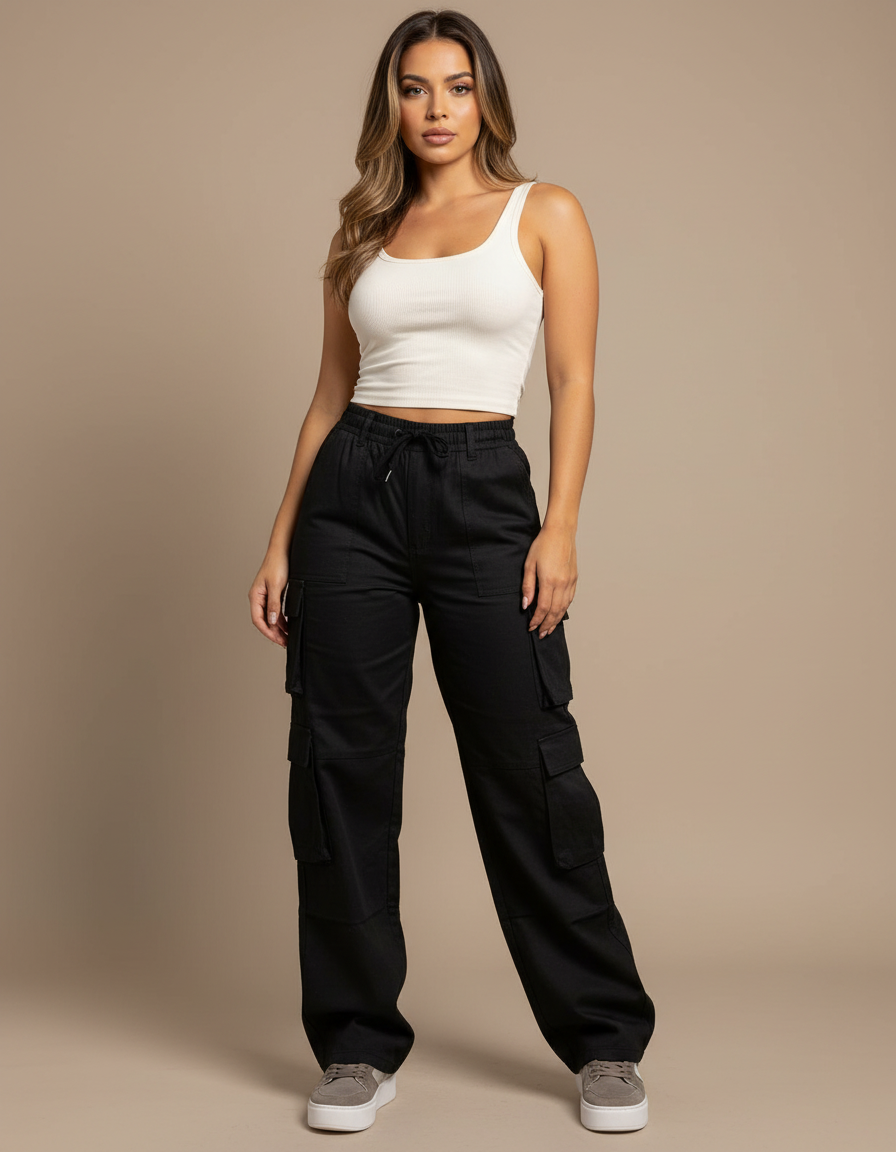 Pantalon Cargo Noir Ample Multipoches Streetwear Femme - Toile