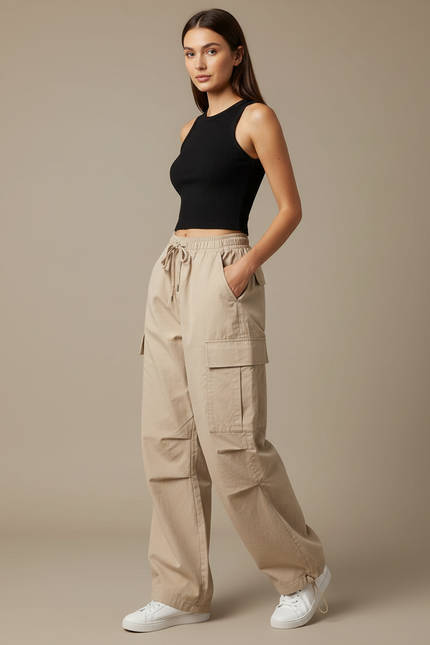 Pantalon Cargo Beige Ample Cordon Décontracté - Toile