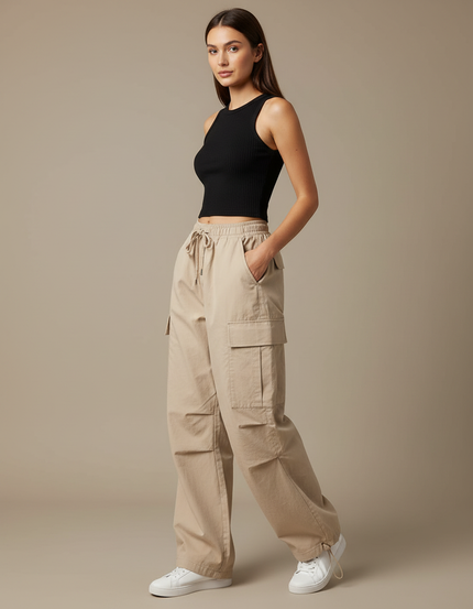 Pantalon Cargo Beige Ample Cordon Décontracté - Toile