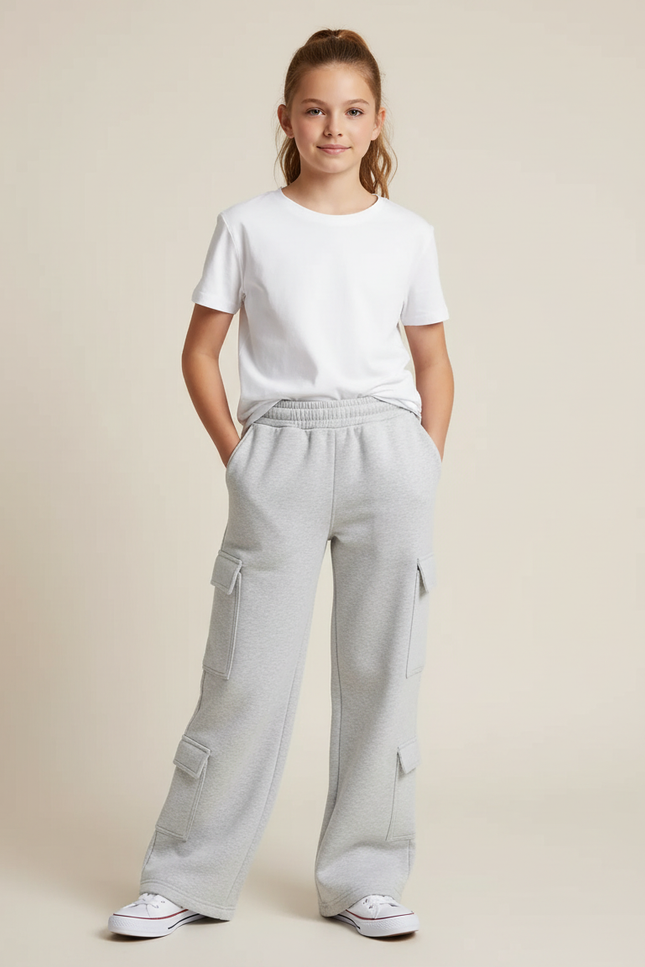 Pantalon Cargo Gris Ample Décontracté Fille Coton - Molleton