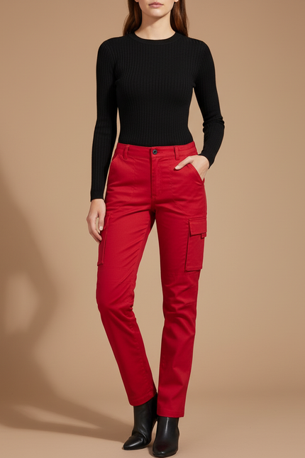 Pantalon Cargo Rouge Droit Multipoches Femme Coton - Toile